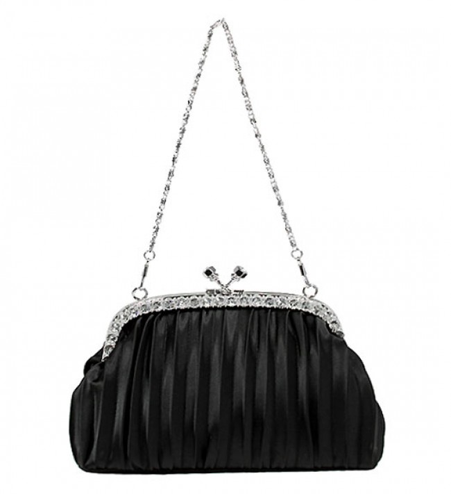Evening Bag - Pleated Clutch w/ Rhinestone Frame - Black -BG-92056B